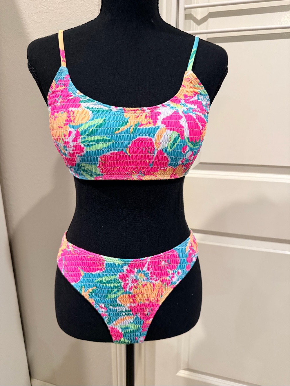 SHEIN Floral Smocked Bikini Set - Pink & Teal & Yellow